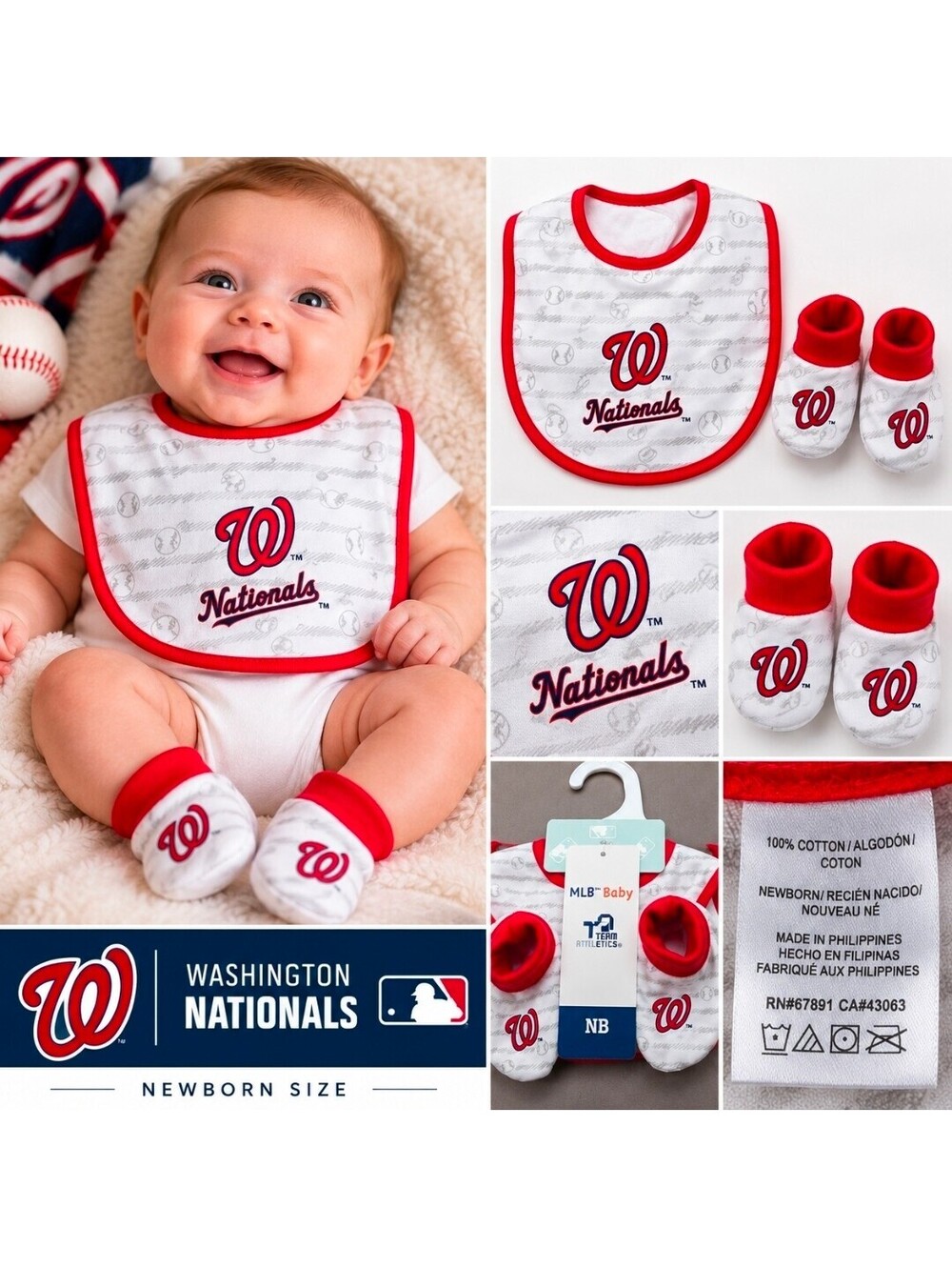 NWT Washington Nationals MLB Baby Bib & Booties Set Newborn Baseball